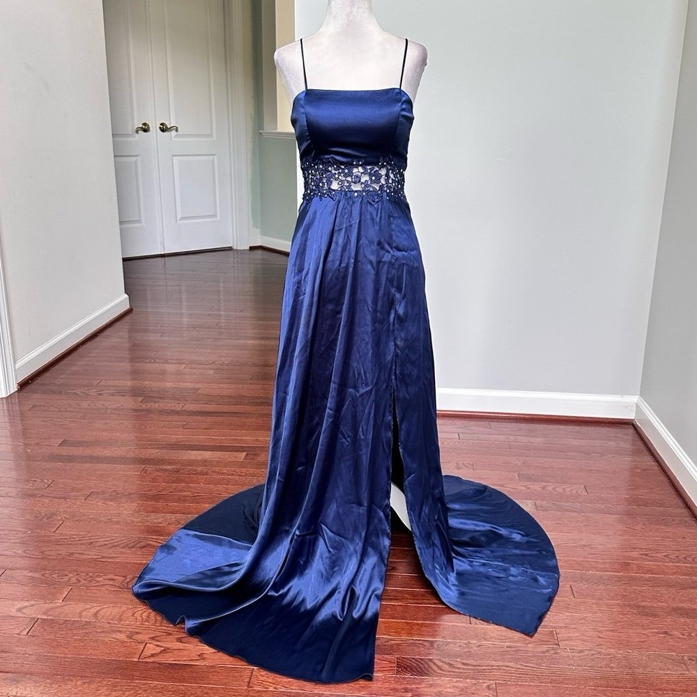 city studio navy blue dress Satin Beaded Rhinestone Under-bust Maxi Gown 5/6 Size:Regular Couture Size A blossoming floral print atf-kg-05.28.26 DESTINATION COLLECTION 🌺 launching